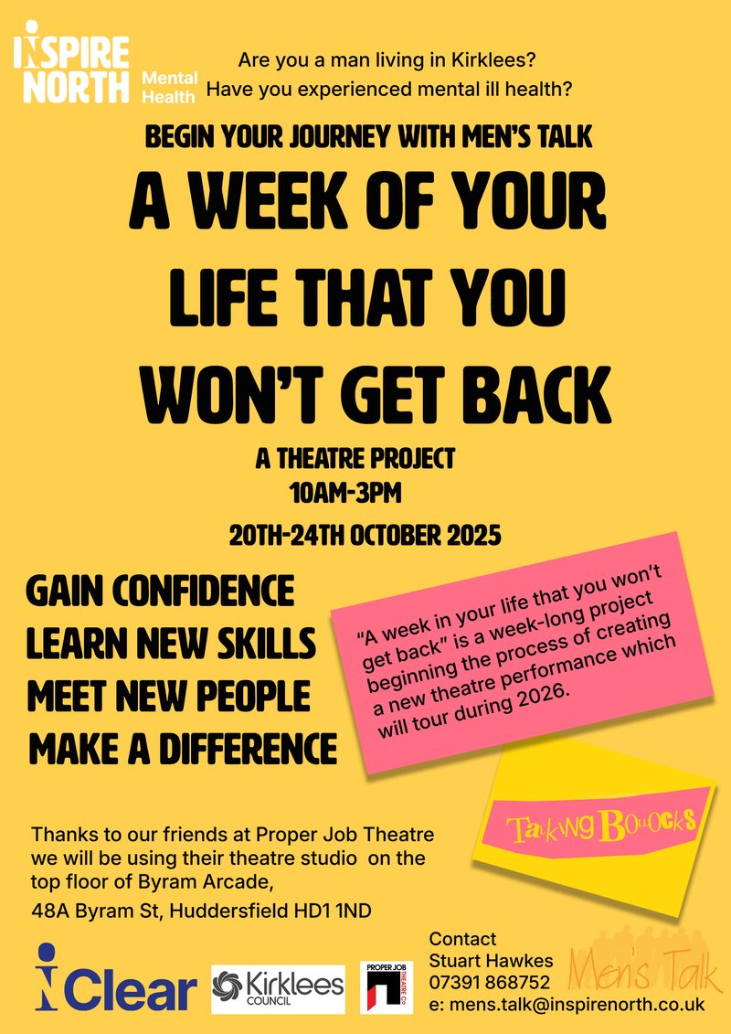 Thanks to our friends at Proper Job Theatre, Men&#x27;s Talk will be using their studio for a week long project in October.